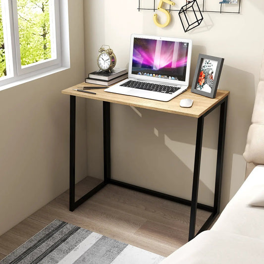31 Inch space-saving folding desk with light oak top and black metal legs for home office on Tampa Home & Garden Store