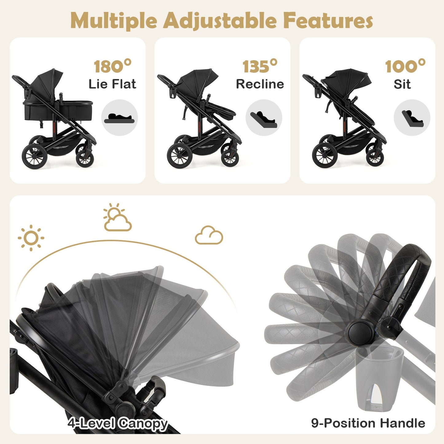 3 in 1 Folding Convertible Bassinet Stroller in black by DirectDeals with a 4-level canopy on Tampa Home & Garden Store