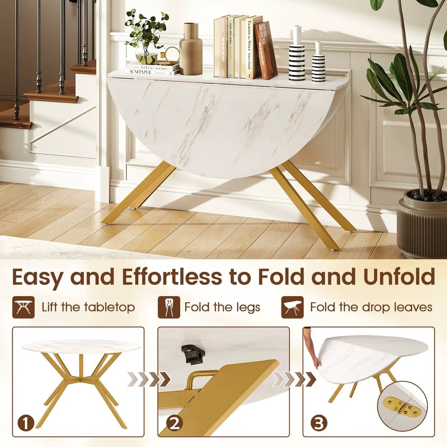 Folding 47 Inch Extendable Round Dining Table with white marble top and gold legs in a home on Tampa Home & Garden Store