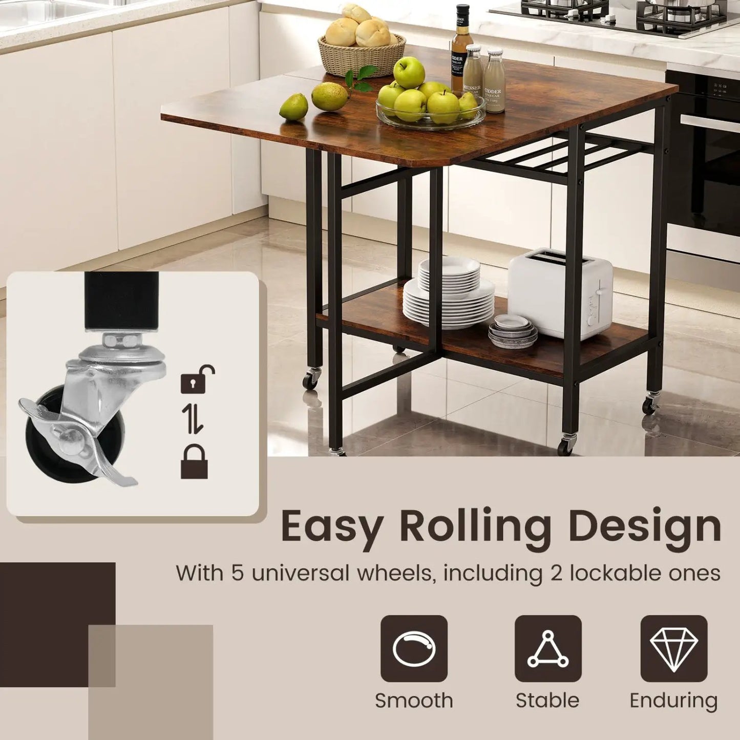 DirectDeals folding kitchen table on wheels with wood top and black frame; fruit on top on Tampa Home & Garden Store