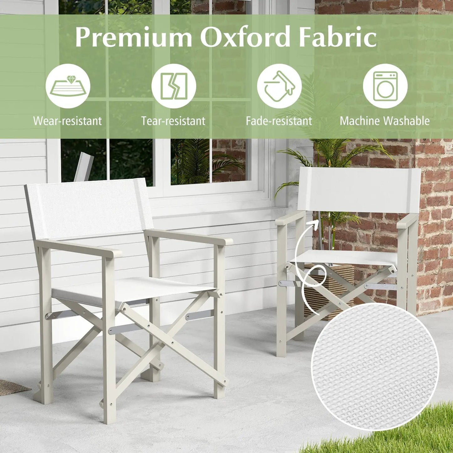 Folding Director Chair with Acacia Wood Frame and Machine Washable Oxford Fabric-Off White - Tampa Home & Garden Store