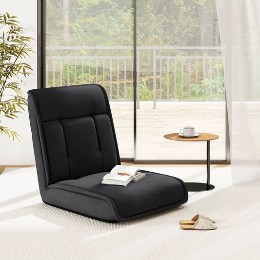 DirectDeals folding floor chair with 14-position backrest, black padding on rug beside plant on Tampa Home & Garden Store