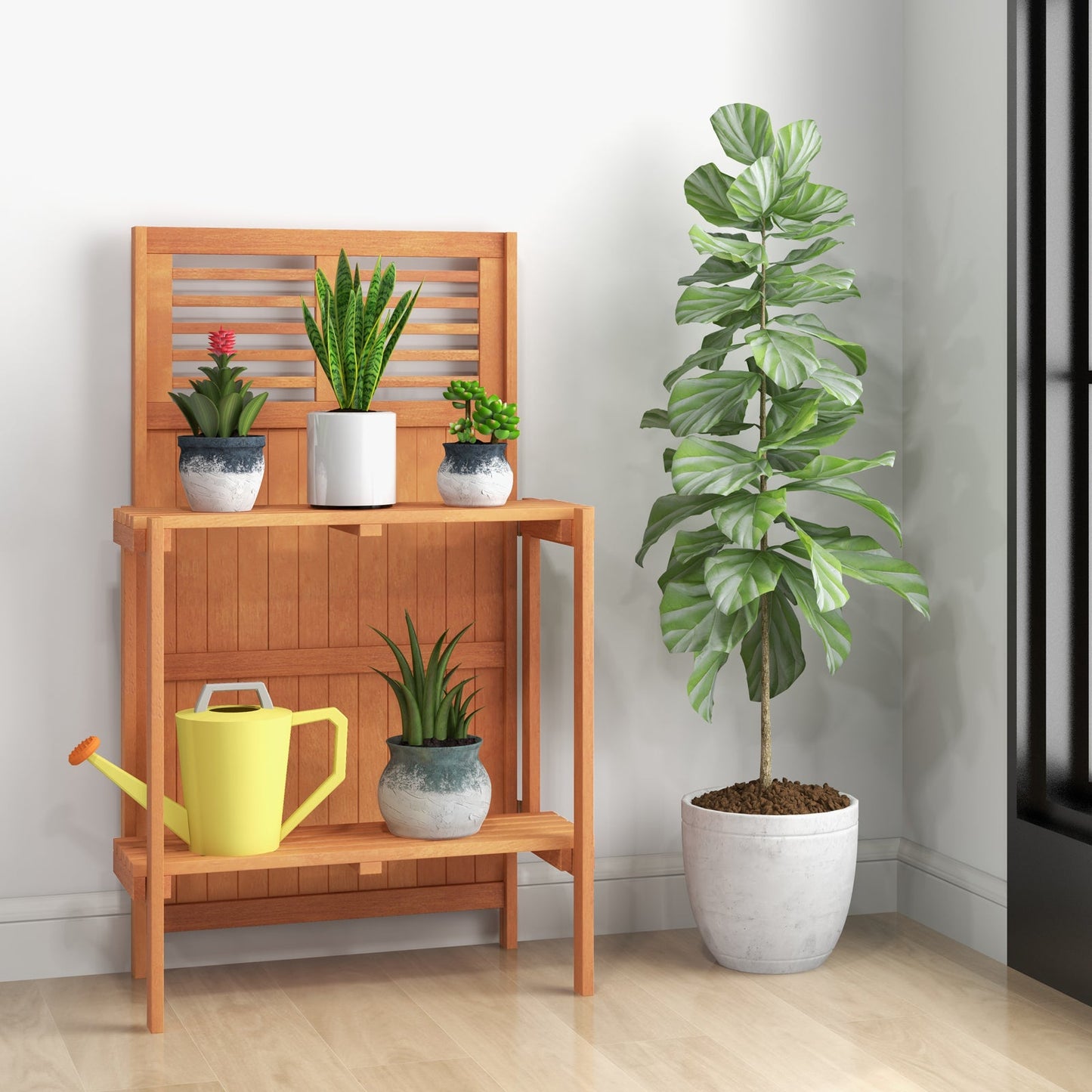 Mesa de Trasplante Plegable para Jardín con Estantes de Almacenamiento de 2 Niveles y Acabado de Aceite de Teca para Jardín, Patio, Balcón