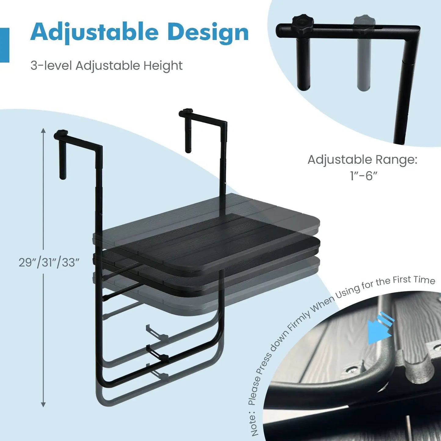 Folding Hanging Table with 3-Level Adjustable Height for Patio Balcony-Black - Tampa Home & Garden Store