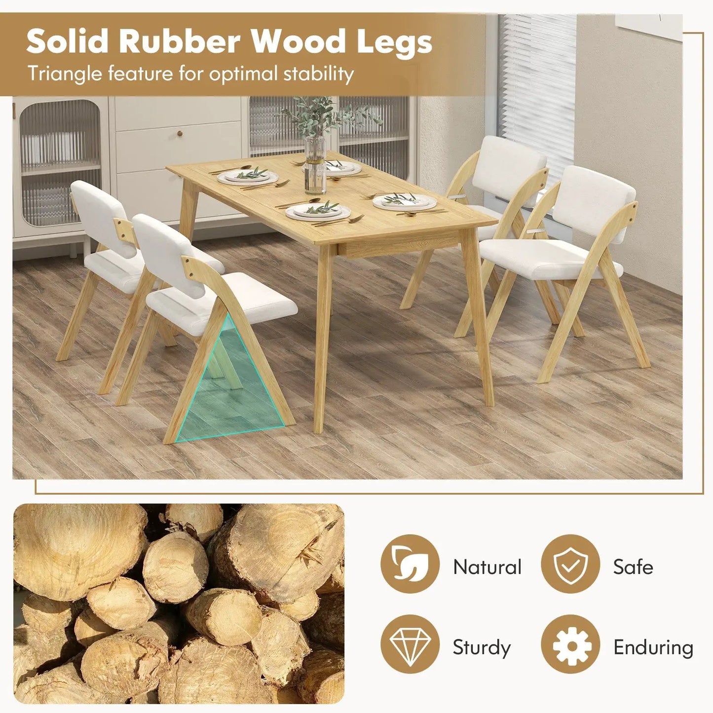 Two folding kitchen chairs with rubber wood legs and white cushions around a wooden dining table on Tampa Home & Garden Store