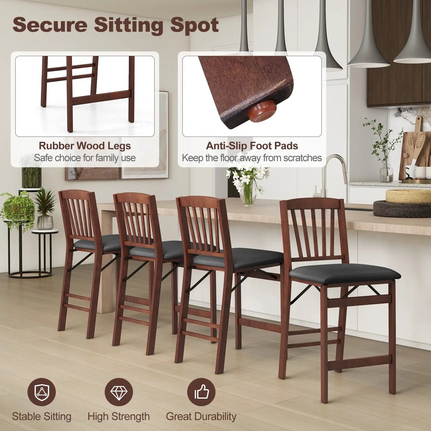 Set of 2 counter-height folding kitchen chairs with dark brown wood and padded black seats on Tampa Home & Garden Store