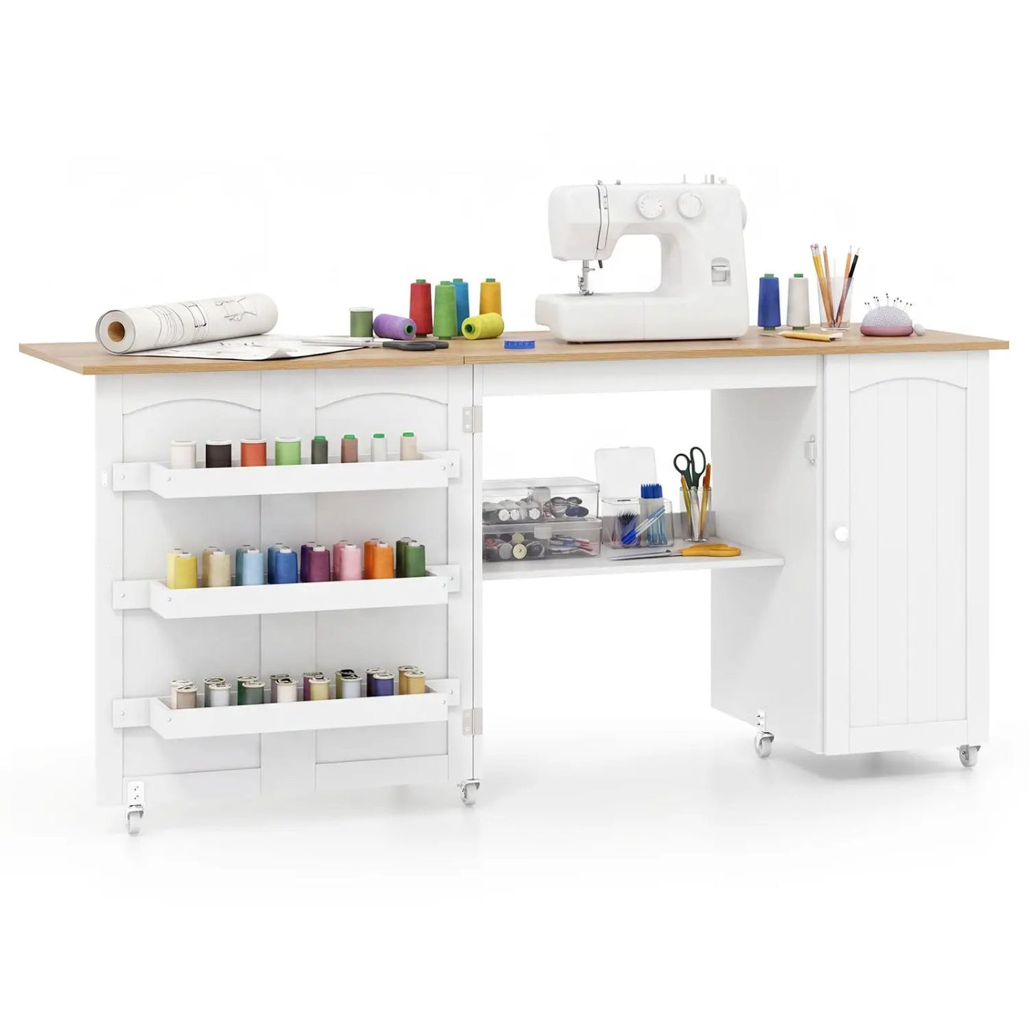 DirectDeals folding sewing table cart with wheels and white storage cabinet shelves on Tampa Home & Garden Store