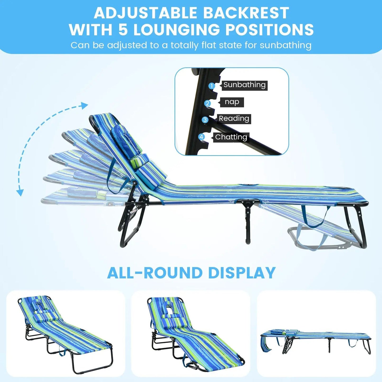 Beach Chaise Lounge Chair with Face Hole in blue striped fabric, adjustable backrest on Tampa Home & Garden Store