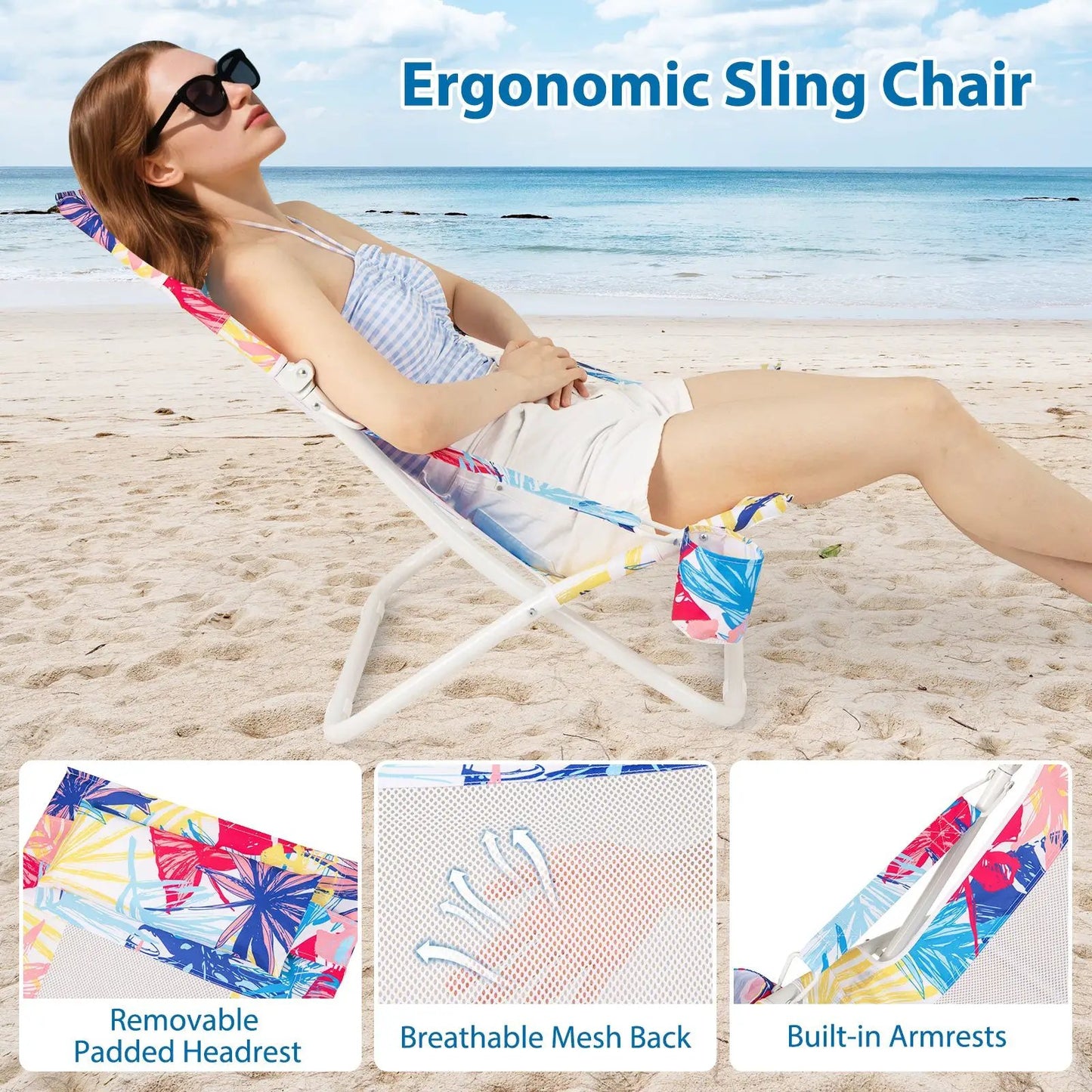 DirectDeals folding low beach chair set of 2 with padded headrest colorful tropical print on Tampa Home & Garden Store