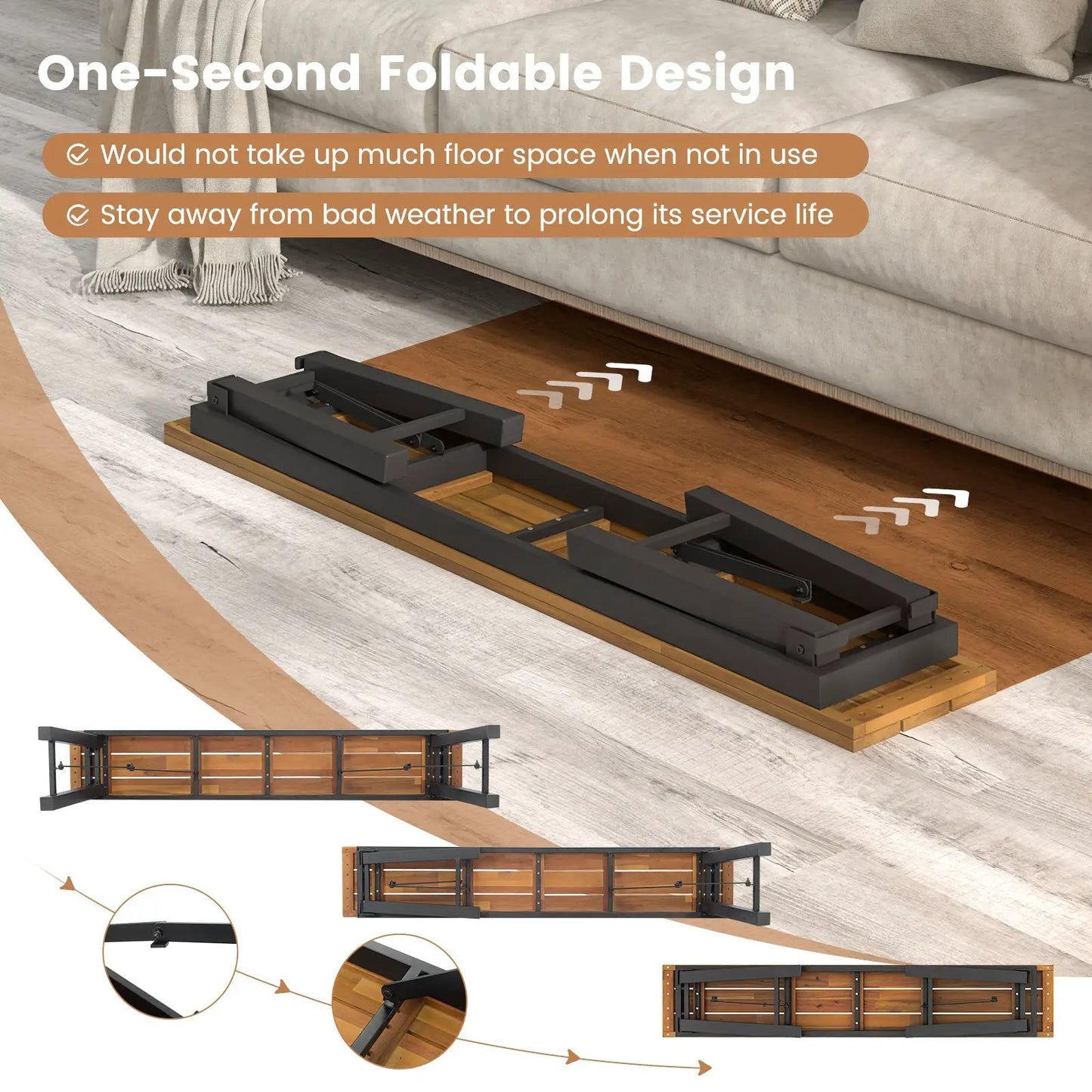 Folding picnic bench set in acacia wood with black steel frame, shown in multiple angles on Tampa Home & Garden Store