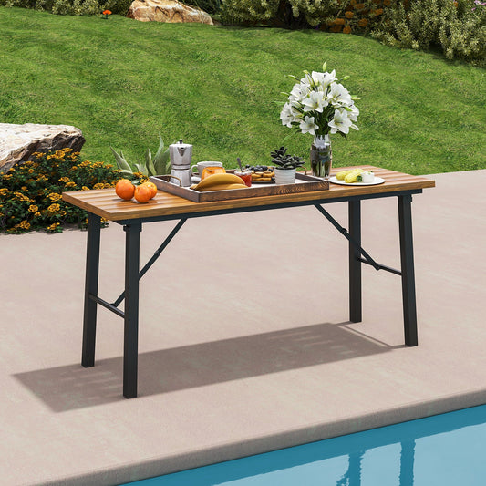 Folding Picnic Table Acacia Wood Dining Table with Metal Frame for Indoor Outdoor Activities - Tampa Home & Garden Store