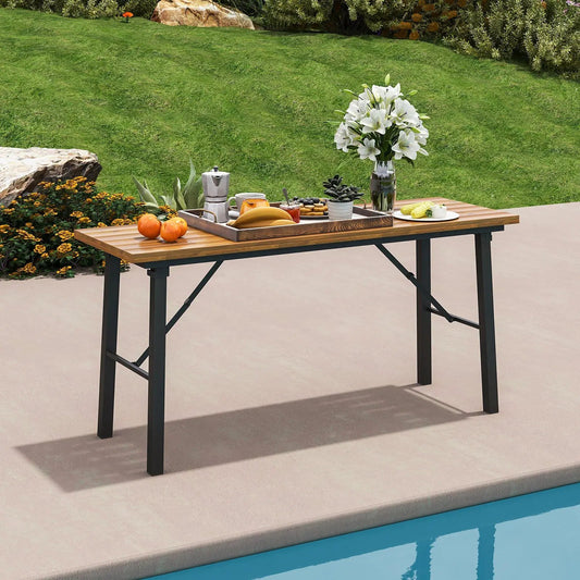 Folding Picnic Table Acacia Wood Dining Table with Metal Frame for Indoor Outdoor Activities - Tampa Home & Garden Store