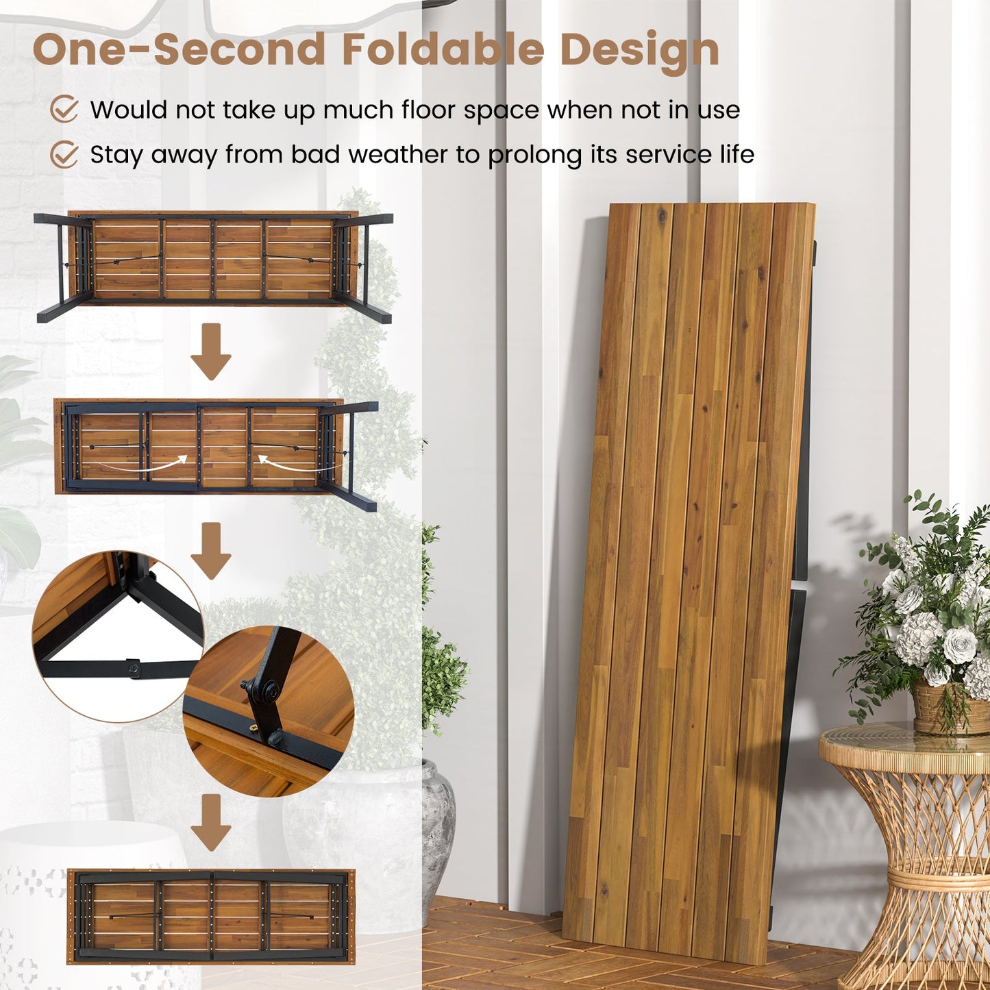 Mesa de picnic plegable de madera de acacia con estructura metálica para actividades de interior y exterior