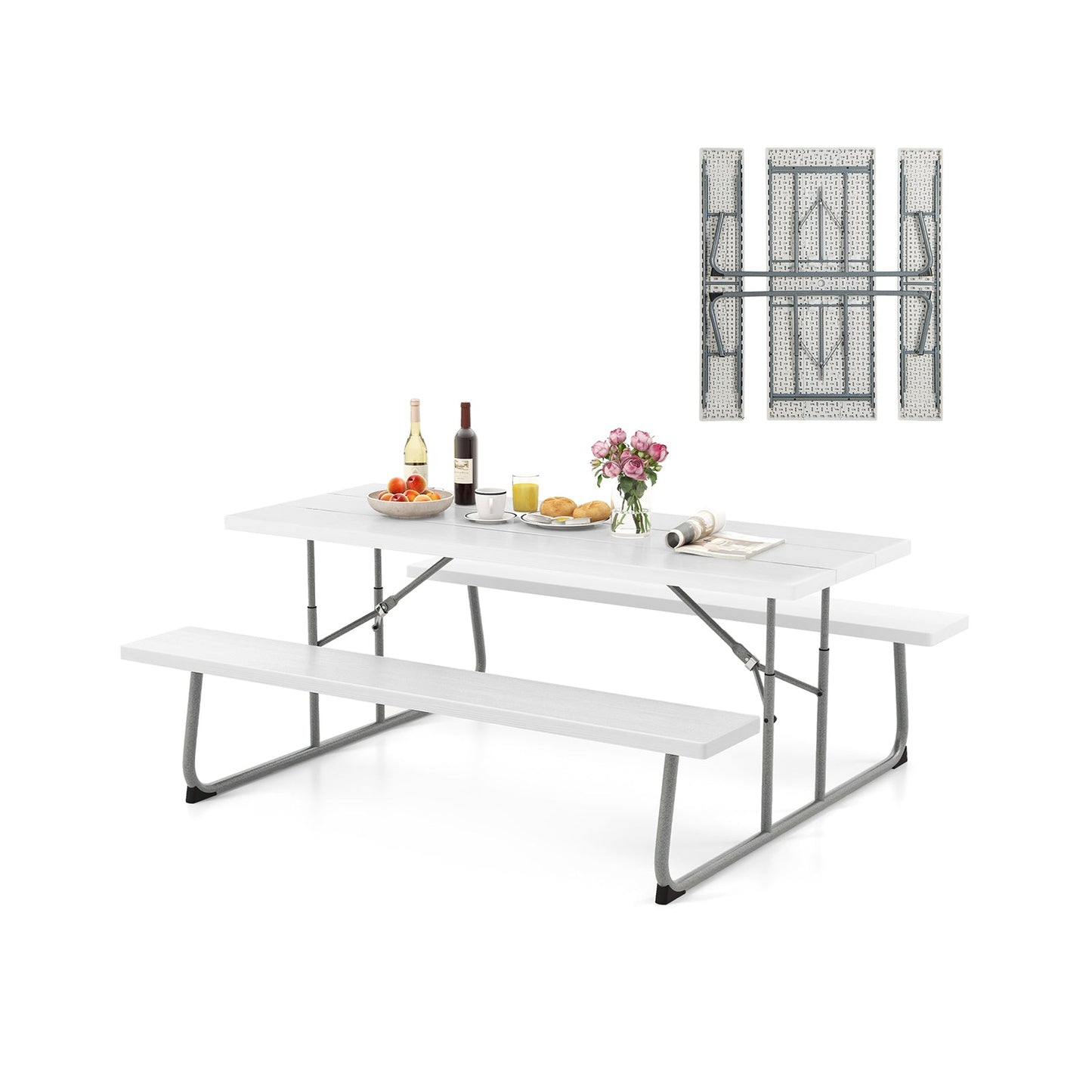Mesa de picnic plegable con estructura de metal y tablero de HDPE resistente a la intemperie, agujero para sombrilla - Negro