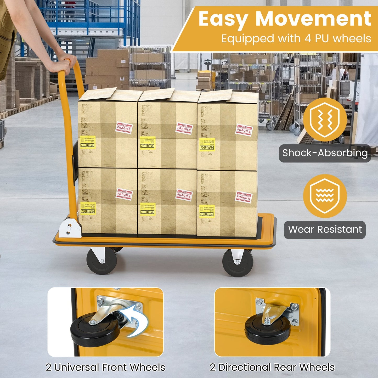 Yellow folding platform cart dolly with 4 PU wheels carrying stacked cardboard boxes on Tampa Home & Garden Store