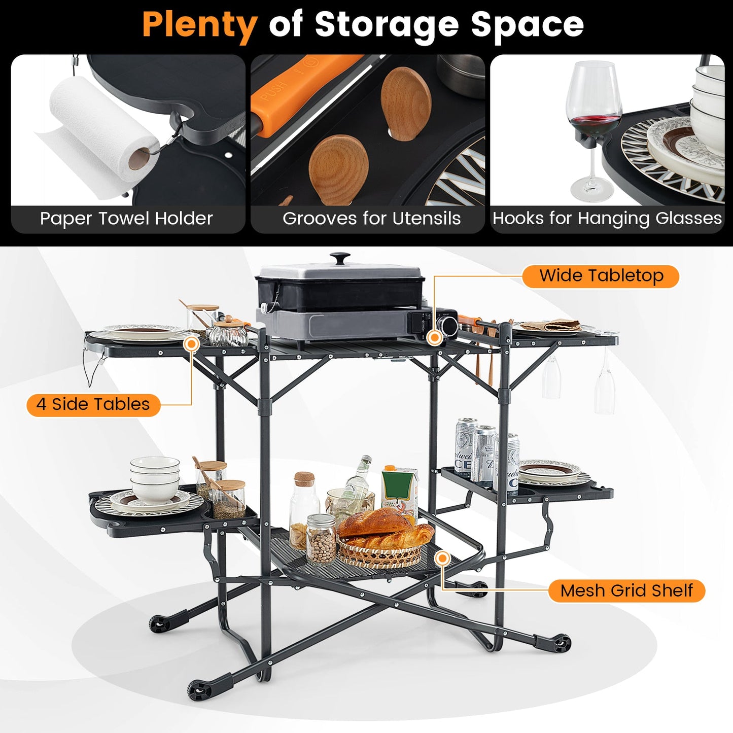 GemGear Folding Outdoor Cook Station with heat-resistant aluminum top and 4 side tables on Tampa Home & Garden Store