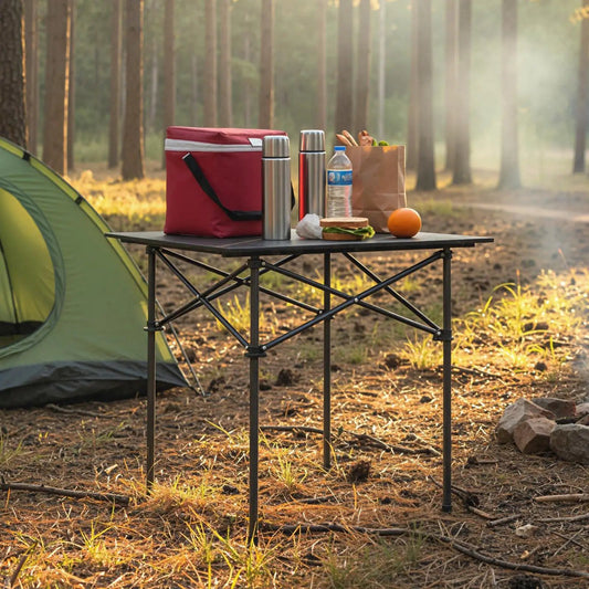 Black folding roll-up camping table with metal legs at a campsite on Tampa Home & Garden Store