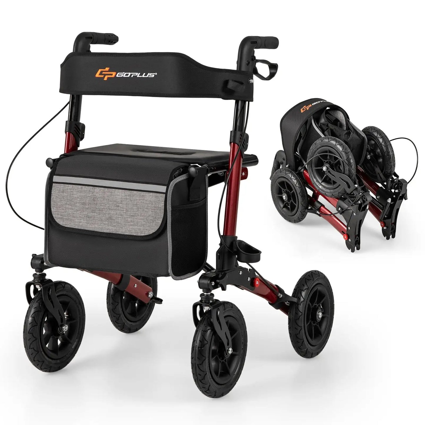 GoPlus folding rollator walker with seat for all terrain, red frame, black seat, bag on Tampa Home & Garden Store