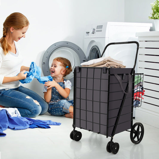 Folding Rolling Shopping Cart with Waterproof Liner and Basket-Black - Tampa Home & Garden Store