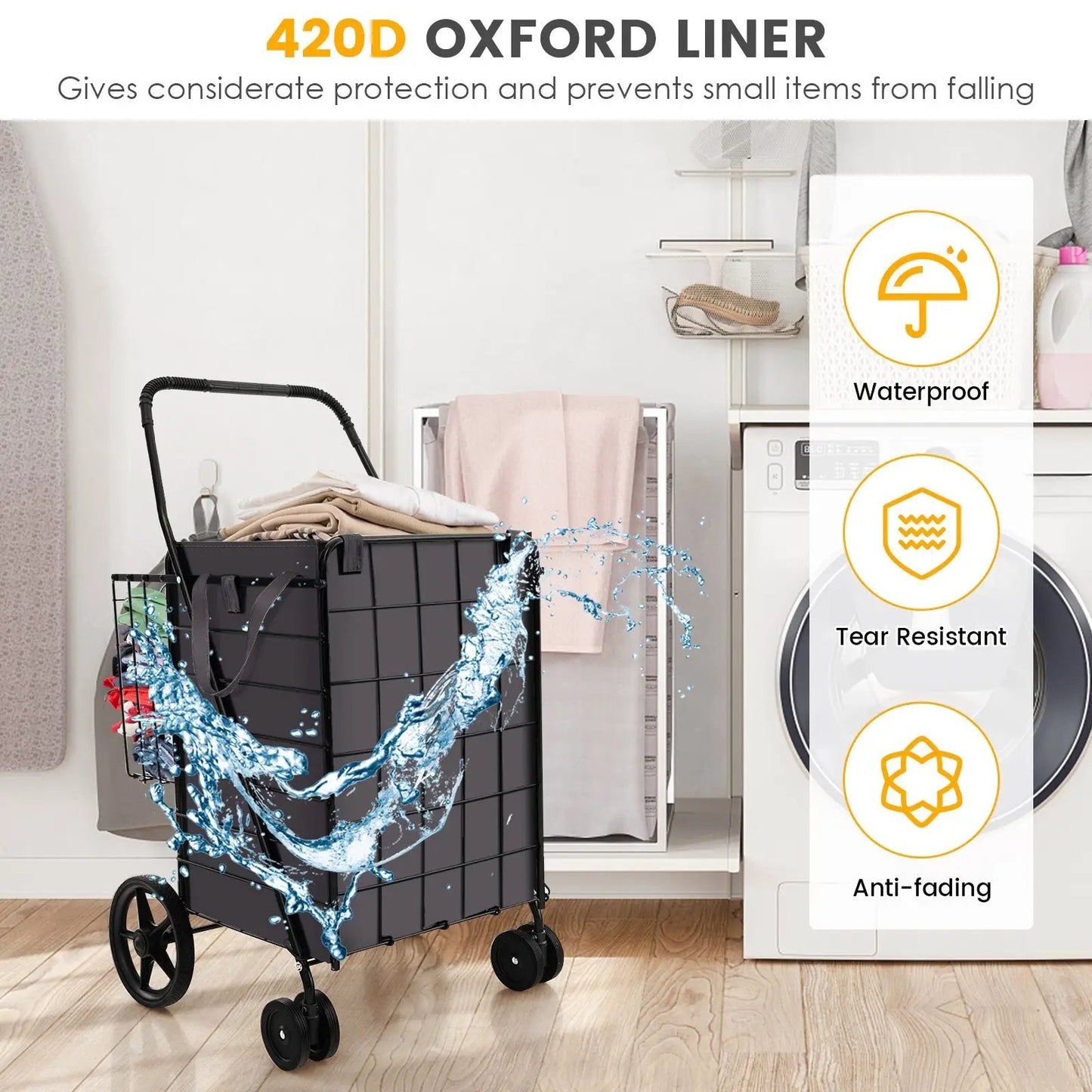 Folding Rolling Shopping Cart with Waterproof Liner and Basket-Black - Tampa Home & Garden Store