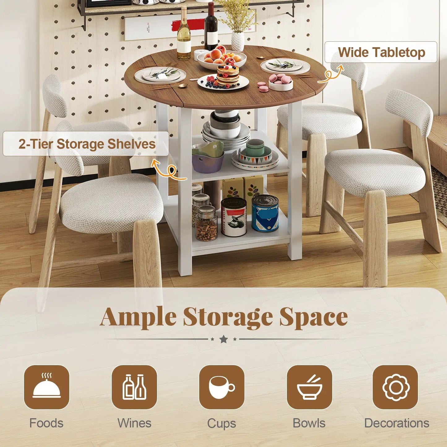 Folding Round Drop Leaf Table by DirectDeals, 2-Tier Storage Shelves, natural wood top on Tampa Home & Garden Store