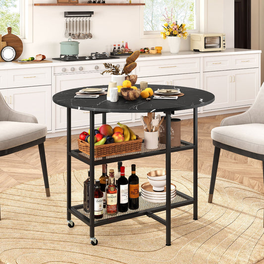 Folding Round Dining Table with Lockable Wheels-Black - Tampa Home & Garden Store