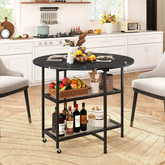 Folding round dining table with lockable wheels, black marble-look top, metal frame on Tampa Home & Garden Store