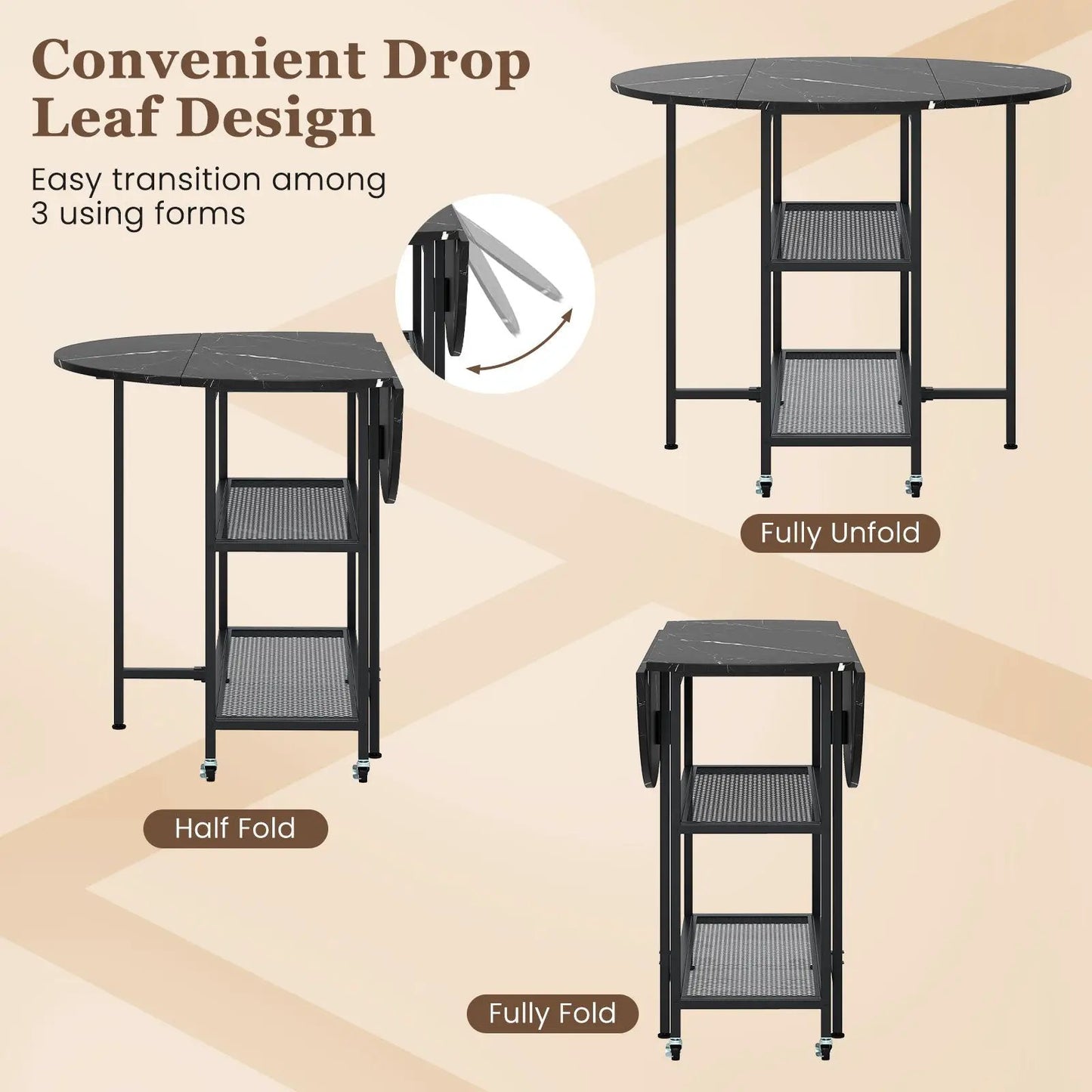 Folding round dining table with lockable wheels, black marble-look top, DirectDeals on Tampa Home & Garden Store