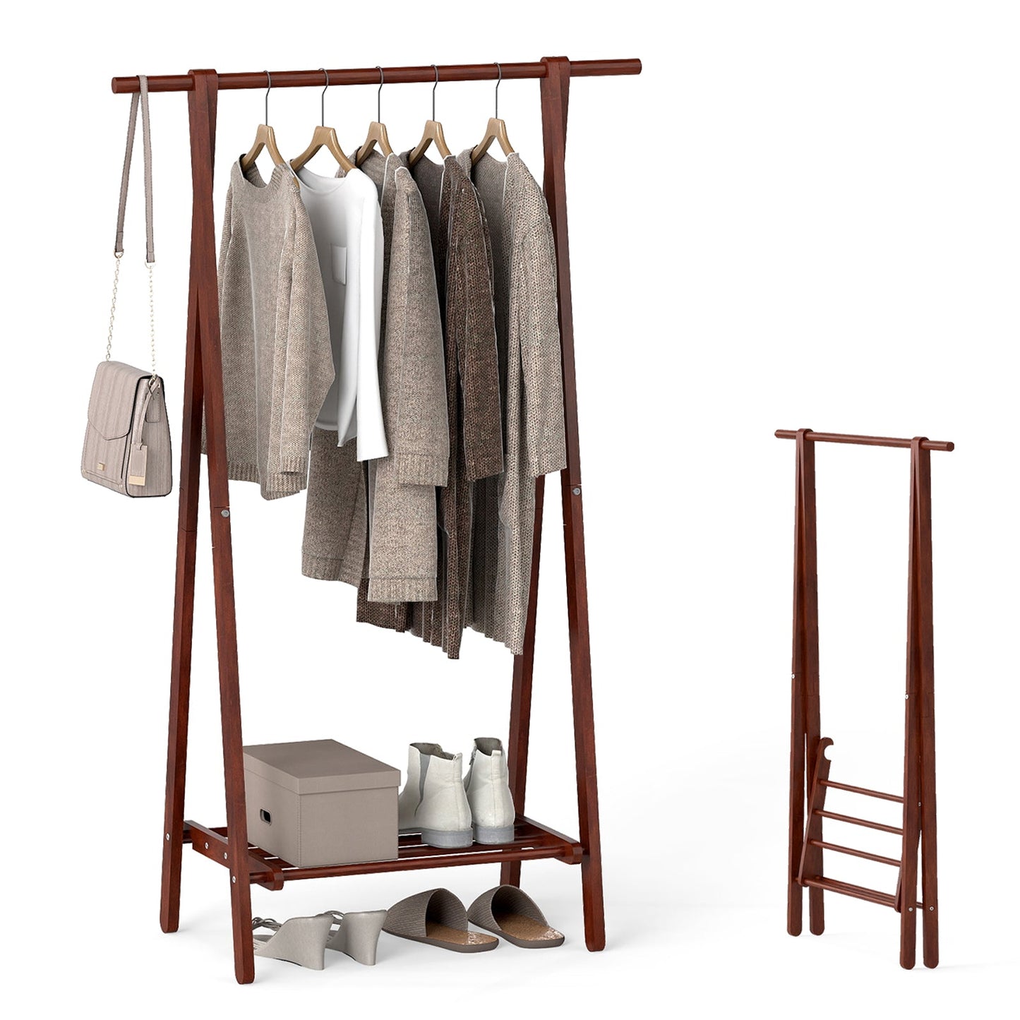 Walnut rubber wood folding clothes rack with hanging rod and bottom shelf; matching rack nearby on Tampa Home & Garden Store