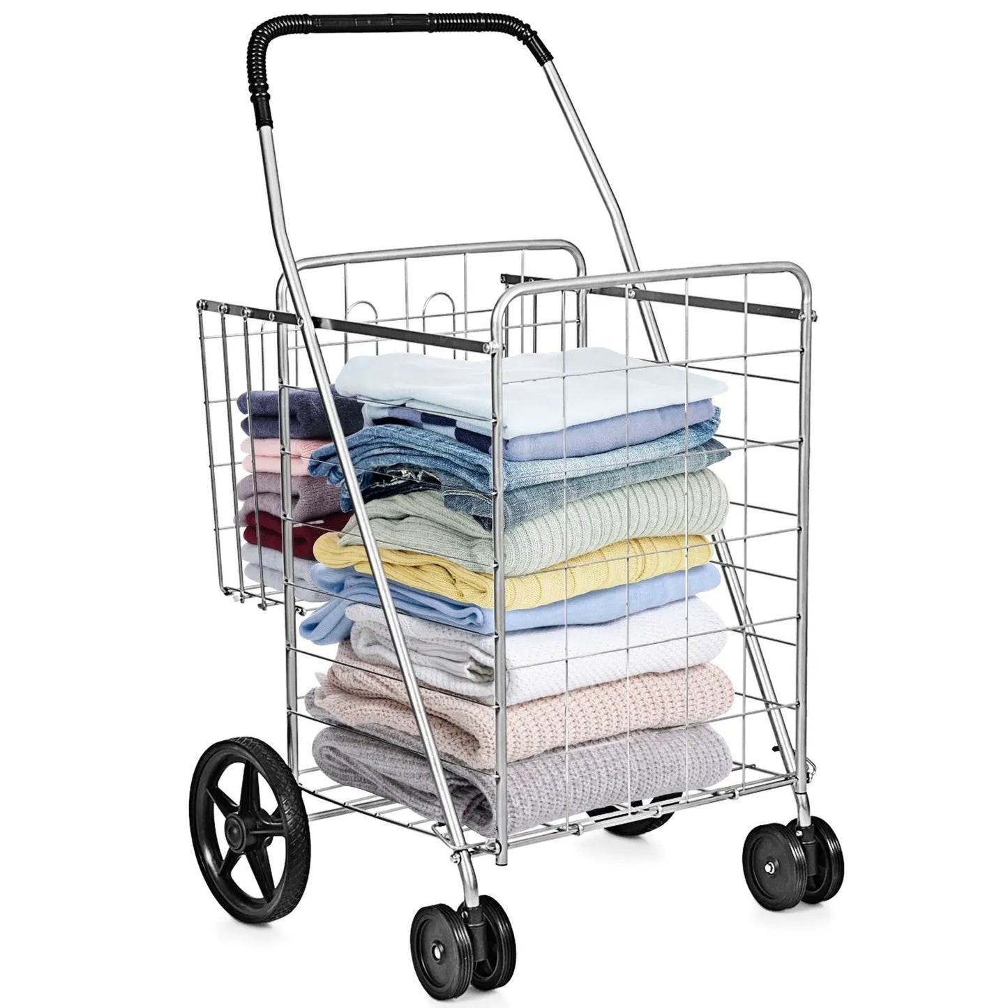 Folding Shopping Cart for Laundry with Swiveling Wheels and Dual Storage Baskets-Black - Tampa Home & Garden Store
