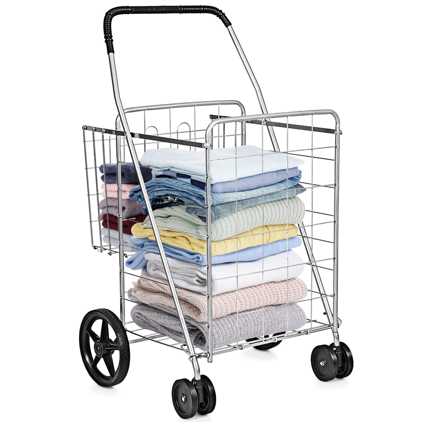 Carrito de compras plegable para ropa sucia con ruedas giratorias y cestas de almacenamiento dobles - Negro