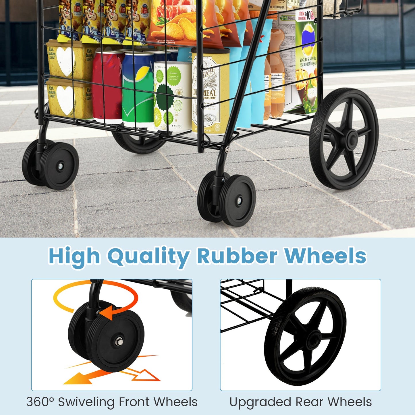 Carrito de compras plegable para ropa sucia con ruedas giratorias y cestas de almacenamiento dobles - Negro