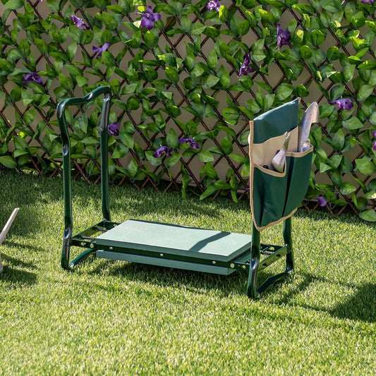 Folding green garden kneeler bench with steel frame and tool tote on Tampa Home & Garden Store