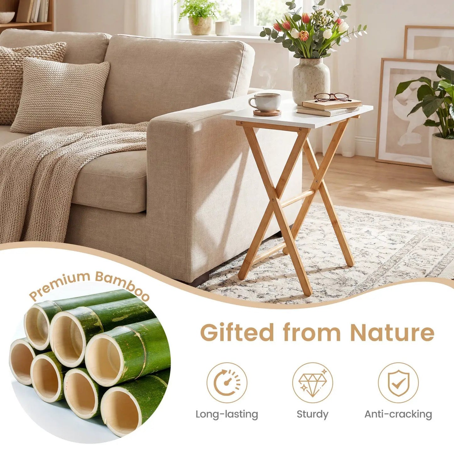 Folding TV Tray Tables set of 2 bamboo with white tops beside a beige sofa on Tampa Home & Garden Store