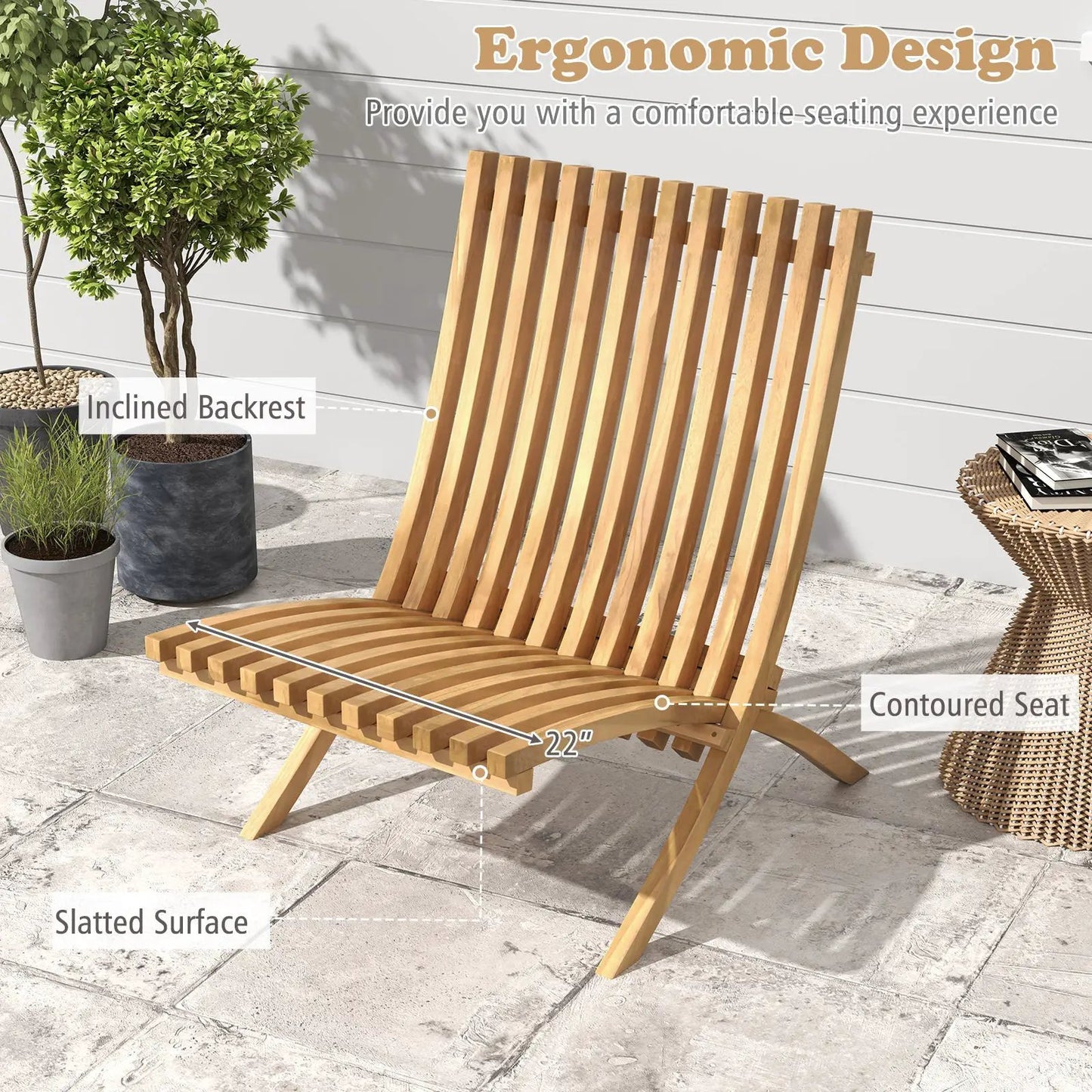 Folding teak wood outdoor slatted lounge chair by DirectDeals with inclined backrest on Tampa Home & Garden Store
