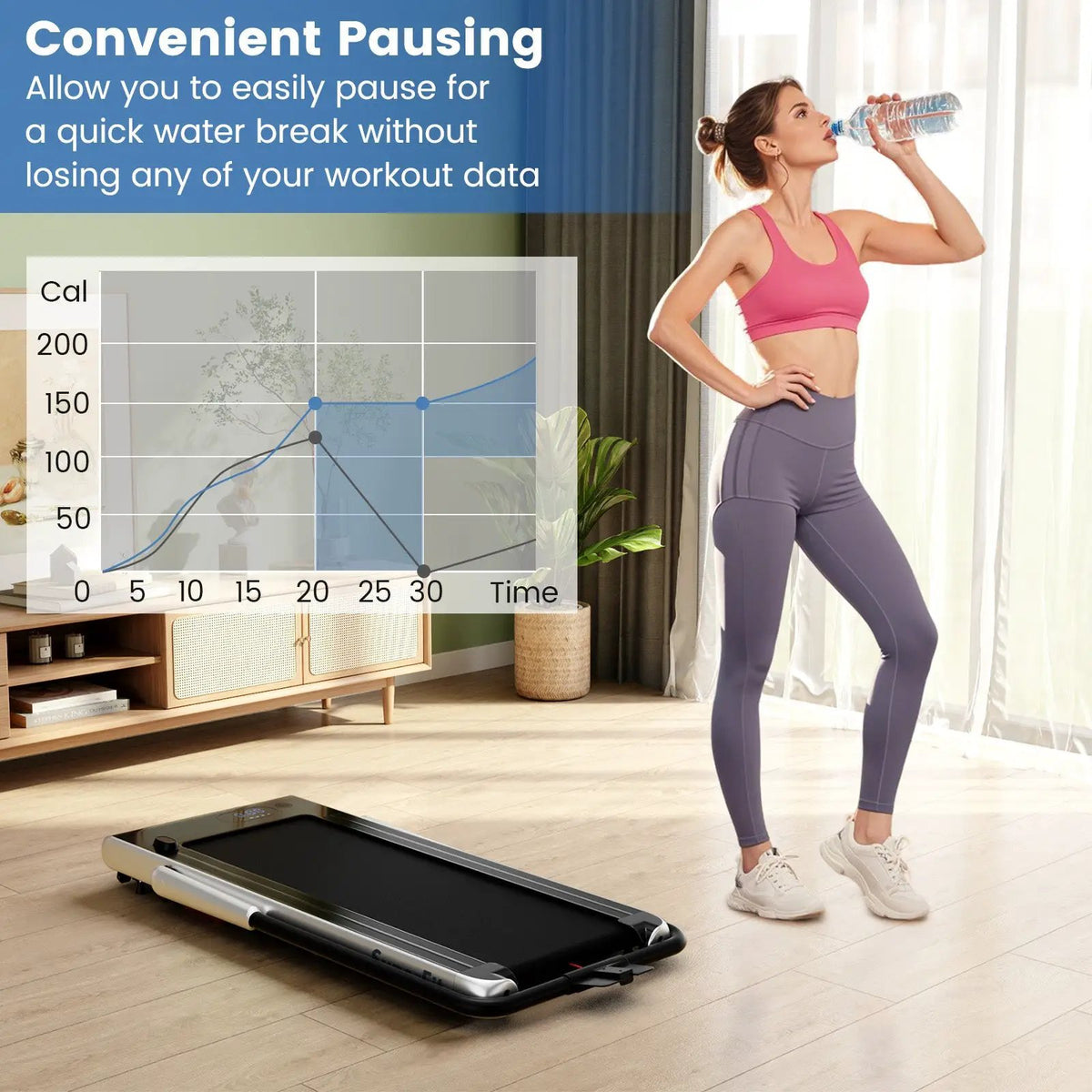 DirectDeals 3-in-1 folding treadmill with app controls and speakers, black-silver in living room on Tampa Home & Garden Store