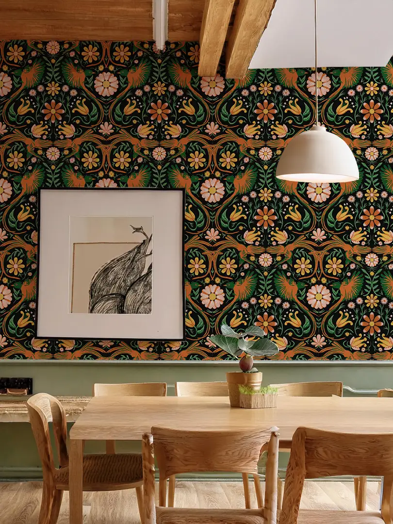 Folkie Birdie Wallpaper black orange green with bold floral bird motif on Tampa Home & Garden Store