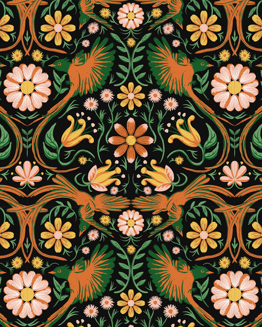 Wallpaper Folkie Birdie pattern in black with orange birds, peach flowers and green foliage on Tampa Home & Garden Store