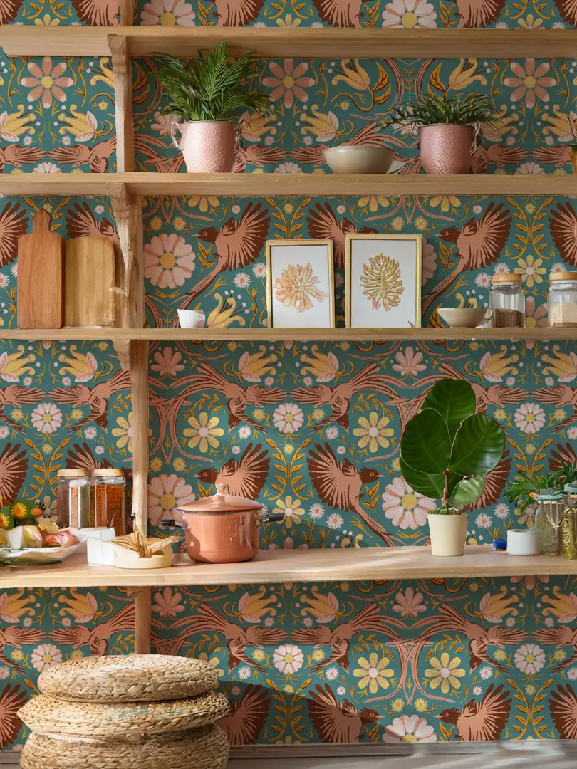 Folkie Birdie Wallpaper dusty teal peach and rust with bold floral bird pattern on Tampa Home & Garden Store
