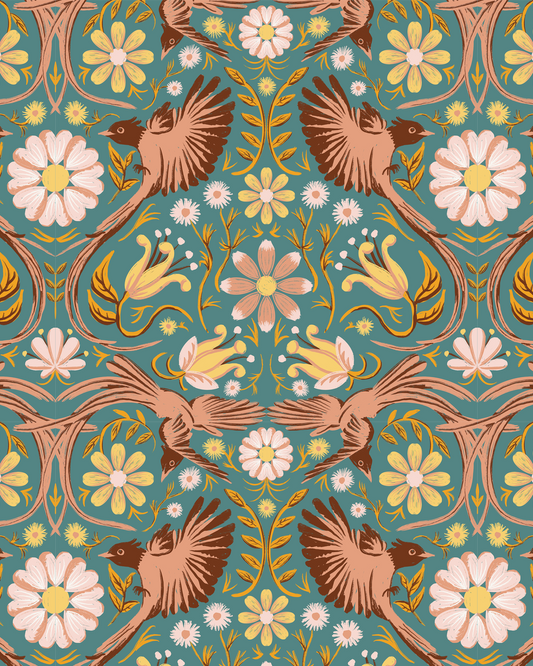 Folkie Birdie Wallpaper pattern with flying birds, dusty teal background and peach rust florals on Tampa Home & Garden Store