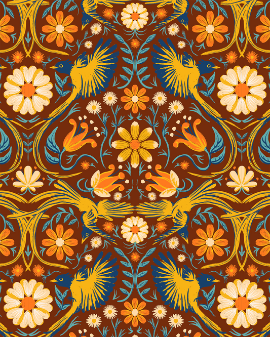 Wallpaper Folkie Birdie in rust merigold blue with birds and bold florals on brown background on Tampa Home & Garden Store