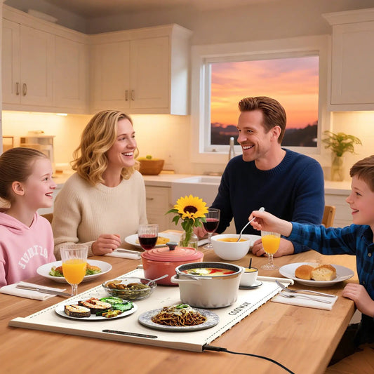 White Rollable Food Warming Mat with Portable Heating at family dinner on a sunlit kitchen table on Tampa Home & Garden Store