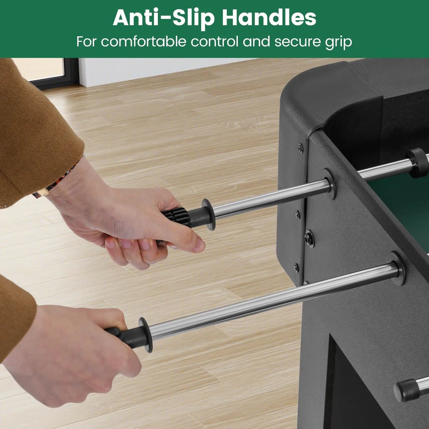 Foosball table full-size soccer game with hands on anti-slip black handles and silver rods on Tampa Home & Garden Store