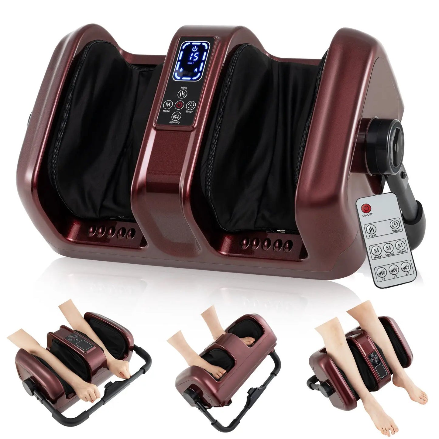 Foot and Calf Massager with Heat Shiatsu Kneading, burgundy color with digital control on Tampa Home & Garden Store