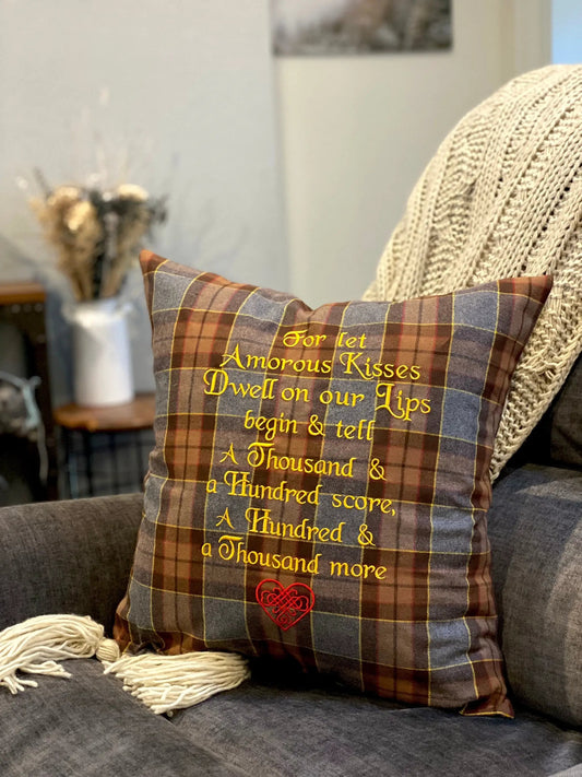 Outlander quote embroidered flannel pillowcase in brown plaid with yellow script on Tampa Home & Garden Store
