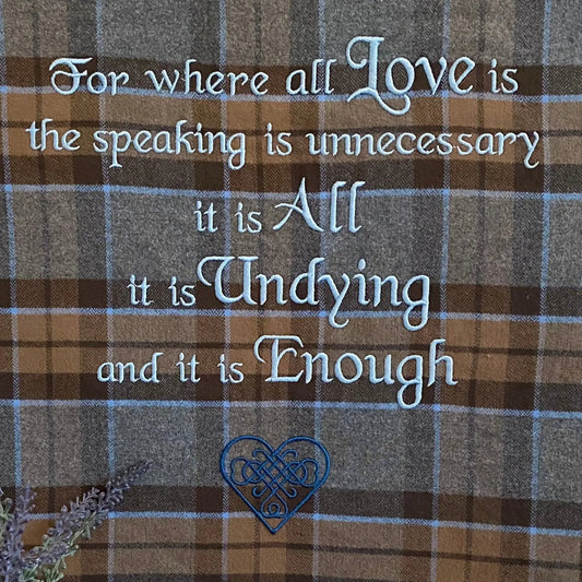 Outlander quote embroidered flannel pillowcase in brown plaid with white script embroidery on Tampa Home & Garden Store