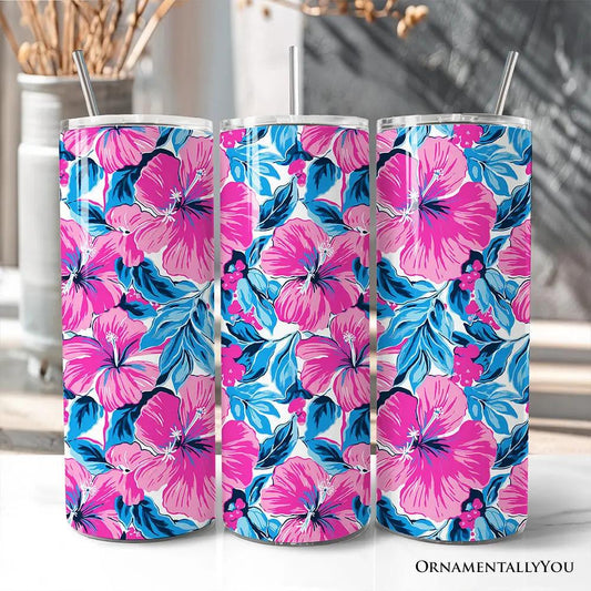 Pink and blue hibiscus 20oz tumbler with lid and straw, OrnamentallyYou set of three on Tampa Home & Garden Store