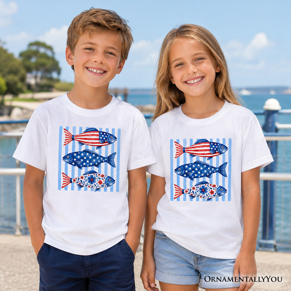 Kids Patriotic Fish and Beach Striped Tee