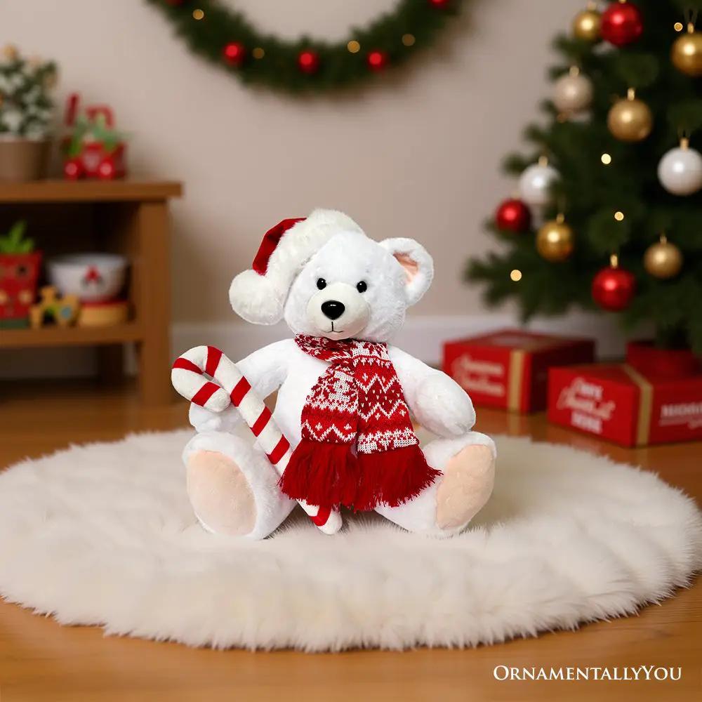 Snowy the Polar Bear Plush Toy 12 Inch Santa Hat OrnamentallyYou with red scarf candy cane on Tampa Home & Garden Store
