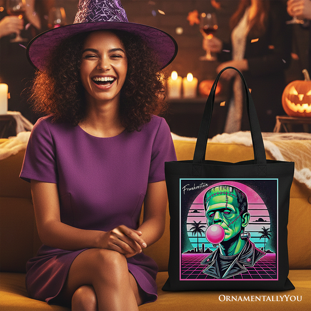 Vaperwave Frankenstein Retro Neon Horror Canvas Tote Bag, Synthwave 80's Styled Classic Halloween Gift